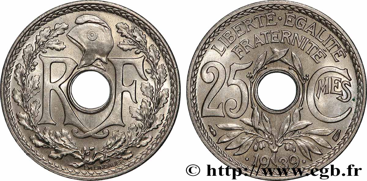 25 centimes Lindauer, maillechort 1939  F.172/3 MS 