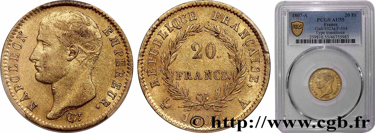 20 francs or Napoléon tête nue, type transitoire 1807 Paris F.514/1 SUP55 PCGS