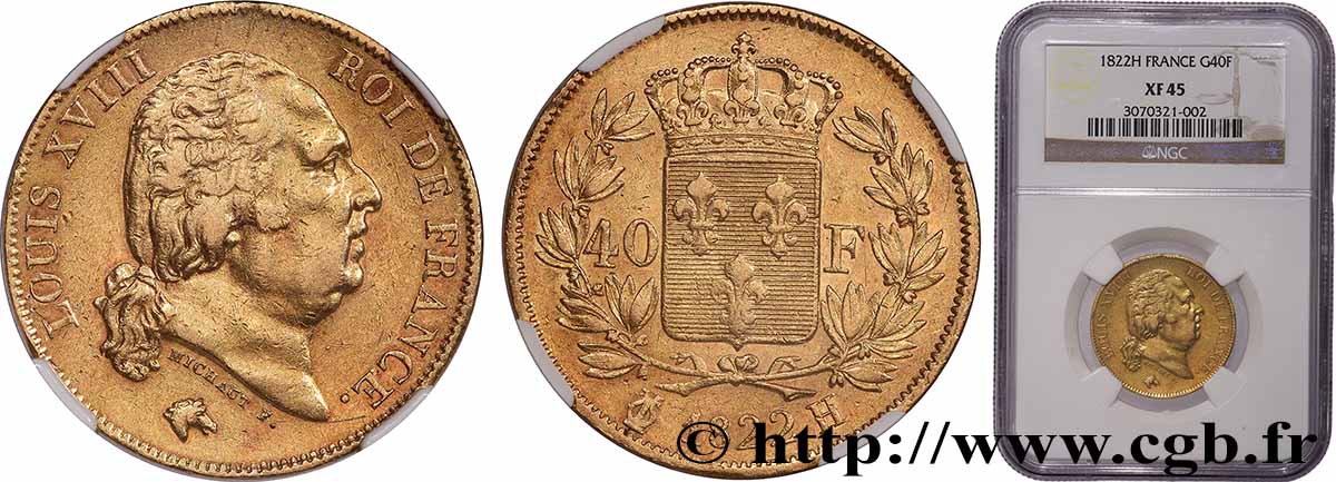 40 francs or Louis XVIII 1822 La Rochelle F.542/12 TTB45 NGC