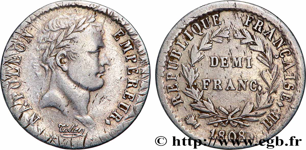 Demi-franc Napoléon Ier tête laurée, République française 1808 Strasbourg F.177/4 TB+ 