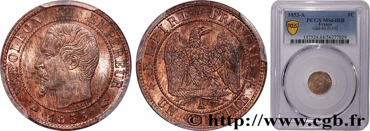 Un centime Napoléon III, tête nue 1853 Paris F.102/1 SPL64 PCGS