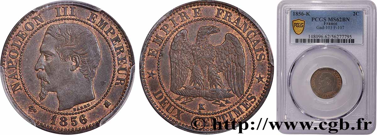 Deux centimes Napoléon III, tête nue 1856 Bordeaux F.107/41 SUP62 PCGS