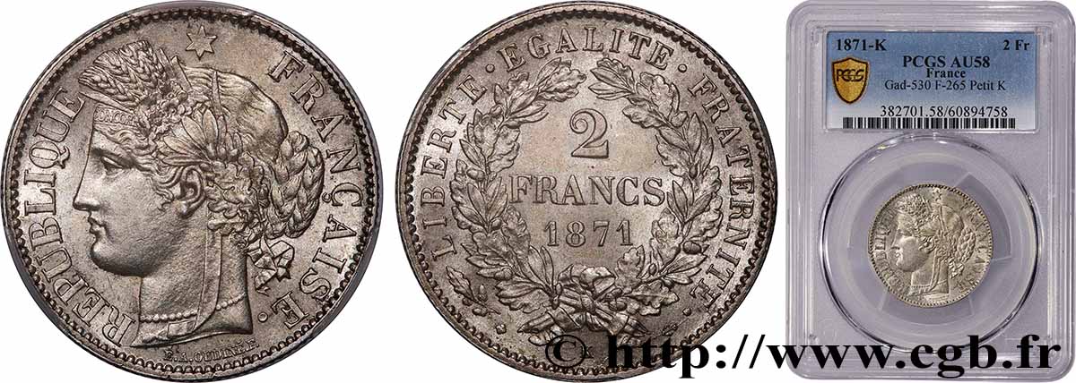 2 francs Cérès, avec légende 1871 Bordeaux F.265/7 SUP58 PCGS