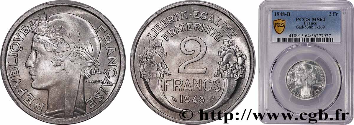 2 francs Morlon, aluminium 1948 Beaumont-Le-Roger F.269/13 SPL64 PCGS