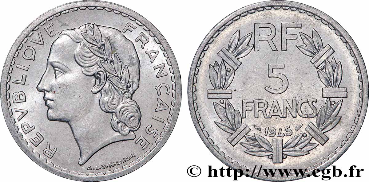5 francs Lavrillier, aluminium, 9 ouvert 1945  F.339/3 SPL+ 