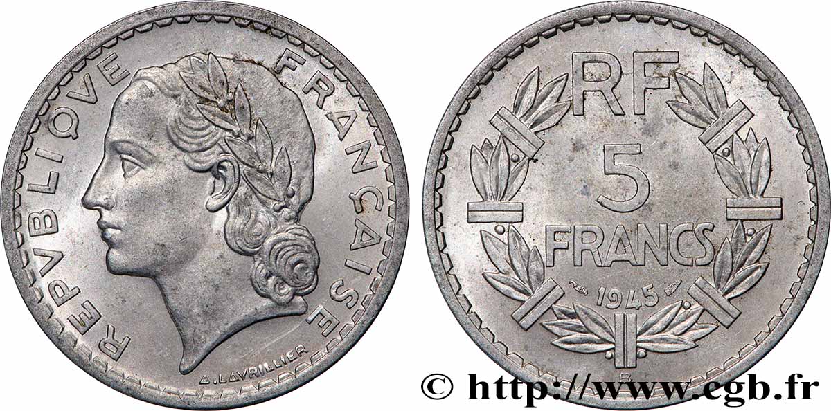 5 francs Lavrillier, aluminium 1945 Beaumont-Le-Roger F.339/4 AU 