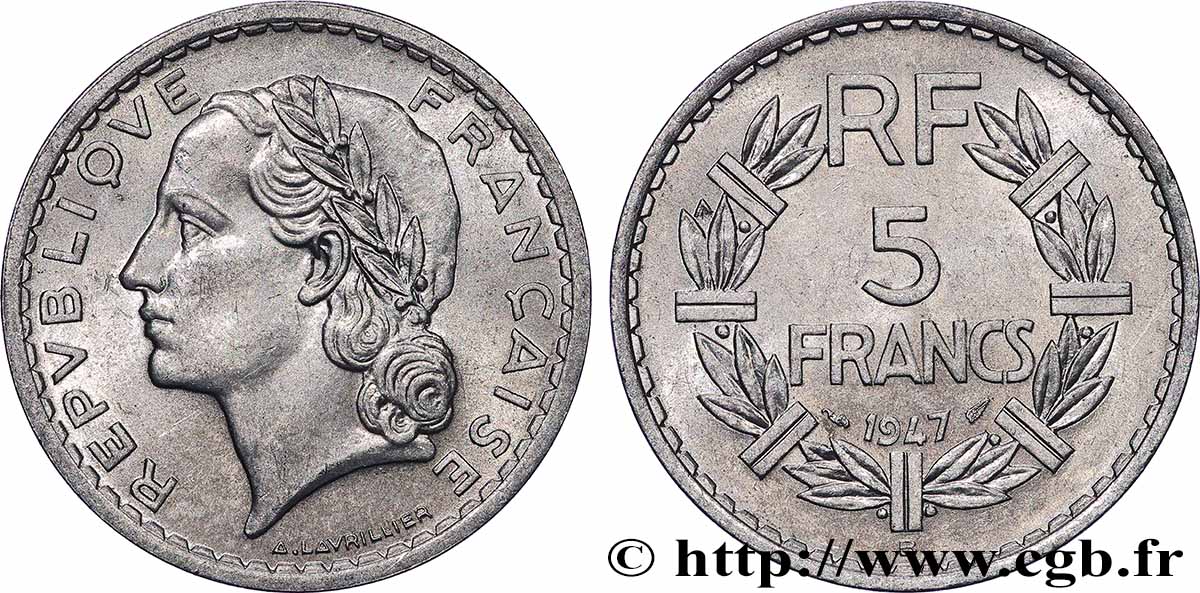 5 francs Lavrillier, aluminium 1947 Beaumont-Le-Roger F.339/11 q.SPL 