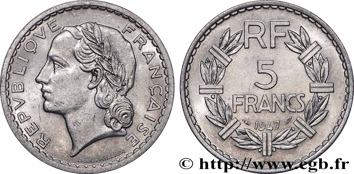 5 francs Lavrillier, aluminium 1947 Beaumont-Le-Roger F.339/11 fVZ 