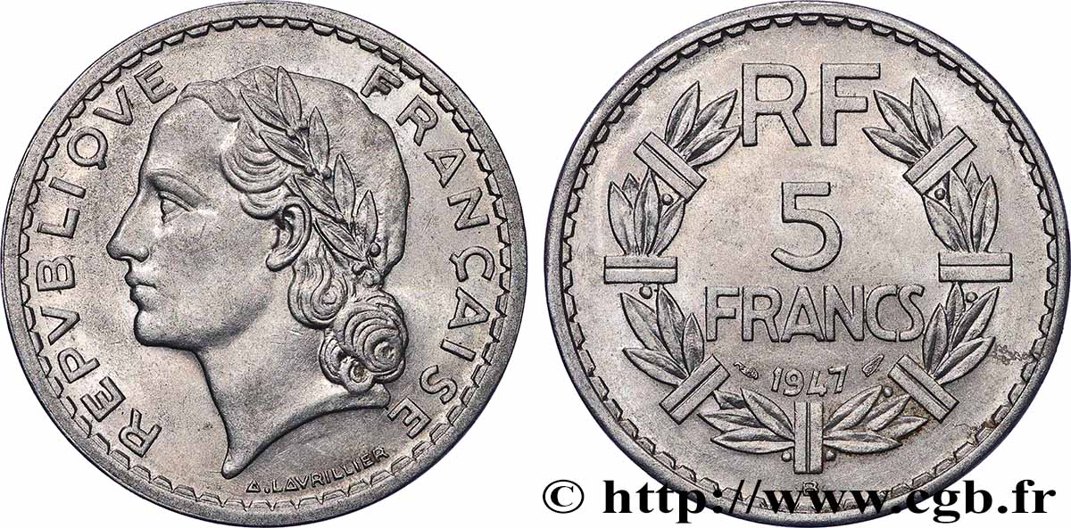 5 francs Lavrillier, aluminium 1947 Beaumont-Le-Roger F.339/12 AU 