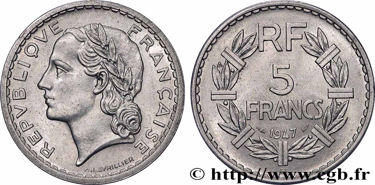 5 francs Lavrillier, aluminium 1947 Beaumont-Le-Roger F.339/12 AU 