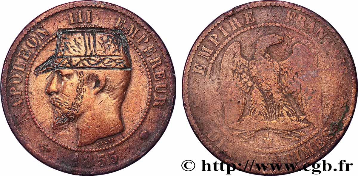 Dix centimes Napoléon III, tête nue, satirique pour le Général Boulanger 1855 Marseille F.133/31 var. TB 