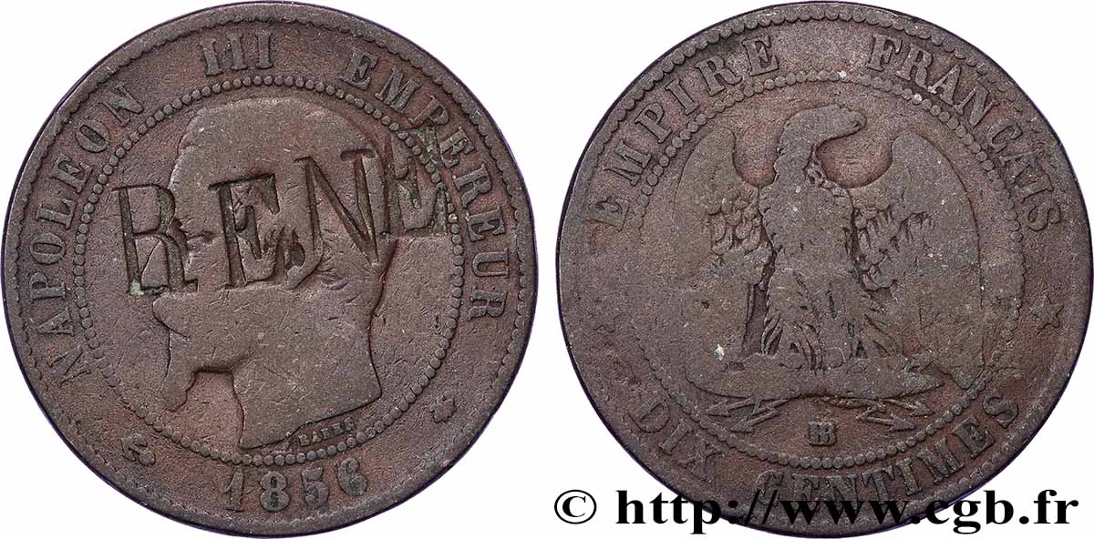 Dix centimes Napoléon III, tête nue, Contremarquée 1856 Strasbourg F.133/36 var. VG 