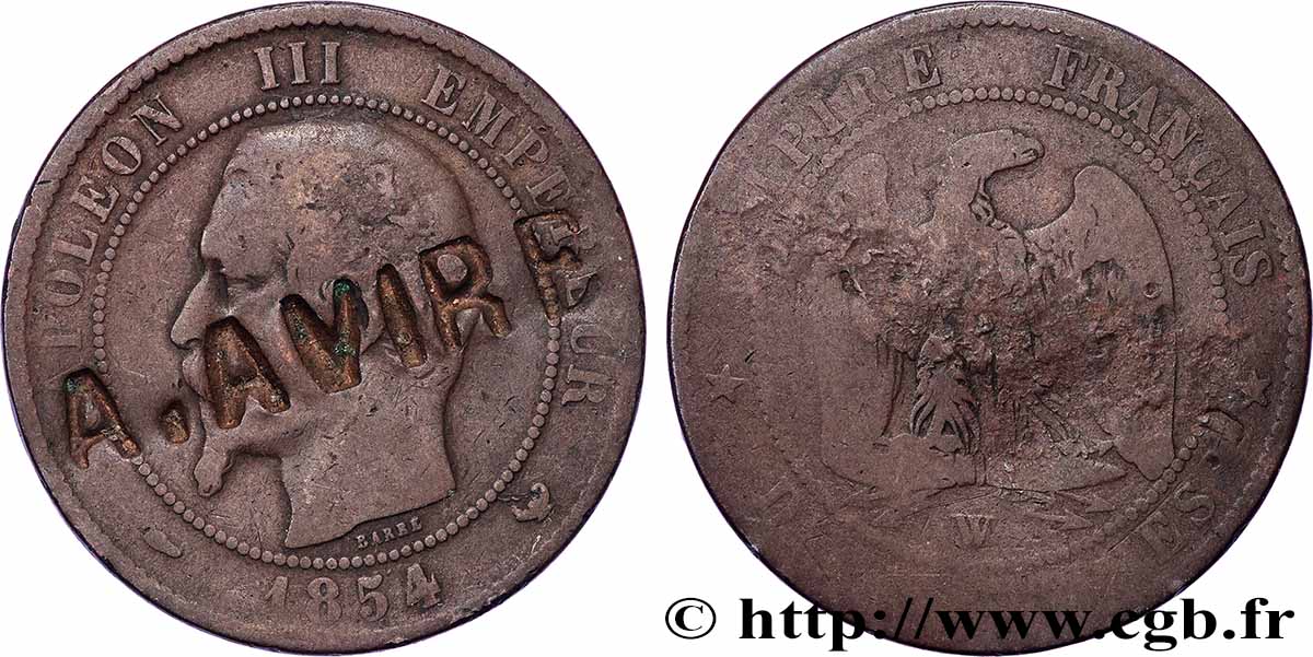 Dix centimes Napoléon III, tête nue, contremarquée 1854 Lille F.133/18 var. G 