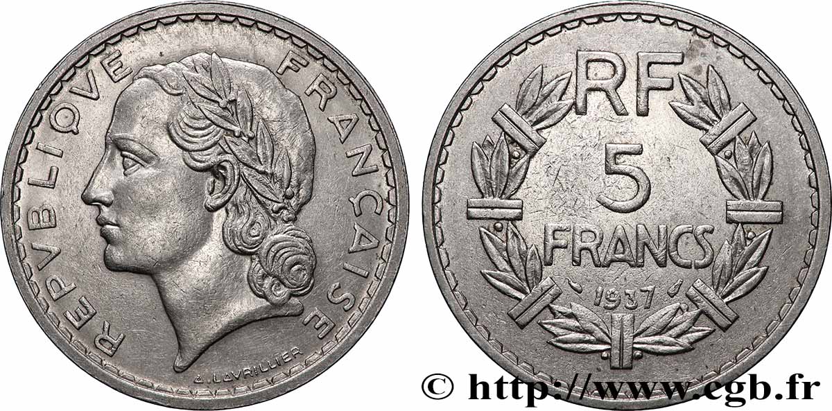 5 francs Lavrillier, nickel 1937  F.336/6 BB 