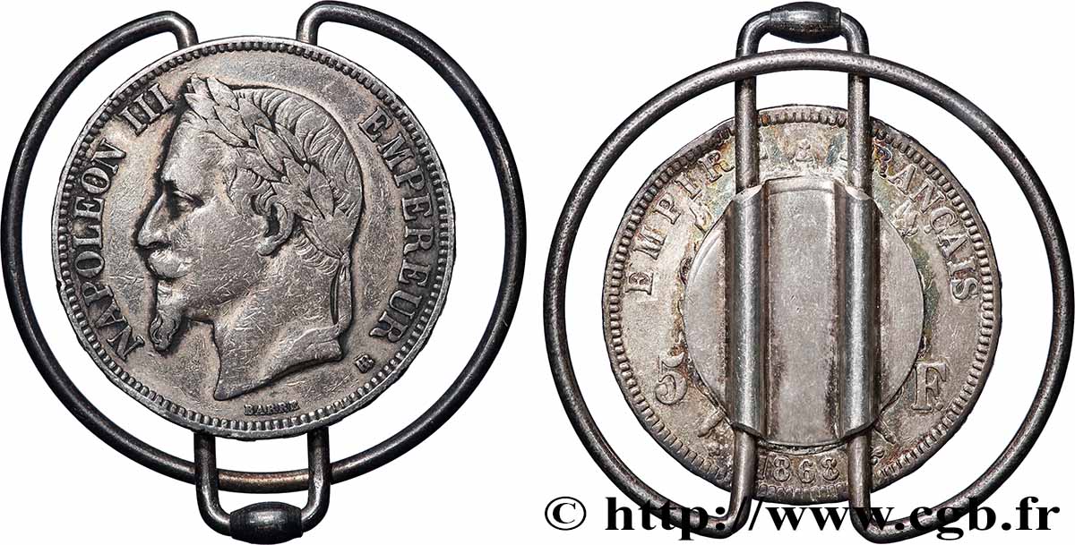 5 francs Napoléon III, tête laurée, transformée en pince à billets 1868 Strasbourg F.331/13 var. TB 