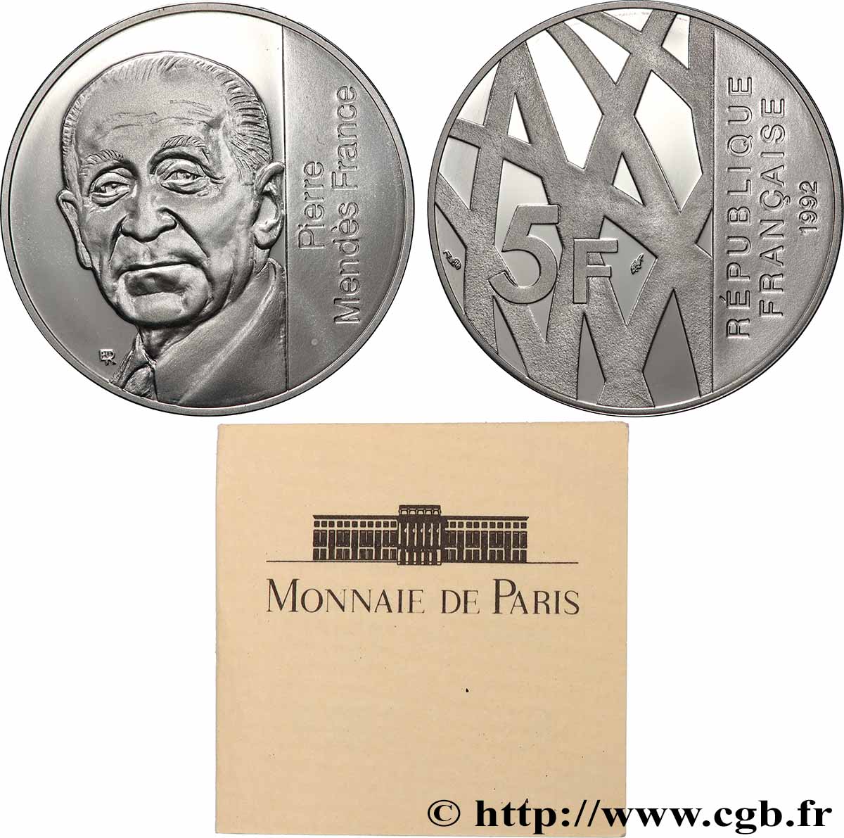 Belle Épreuve 5 francs Mendès-France 1992  F.1201 2 FDC 
