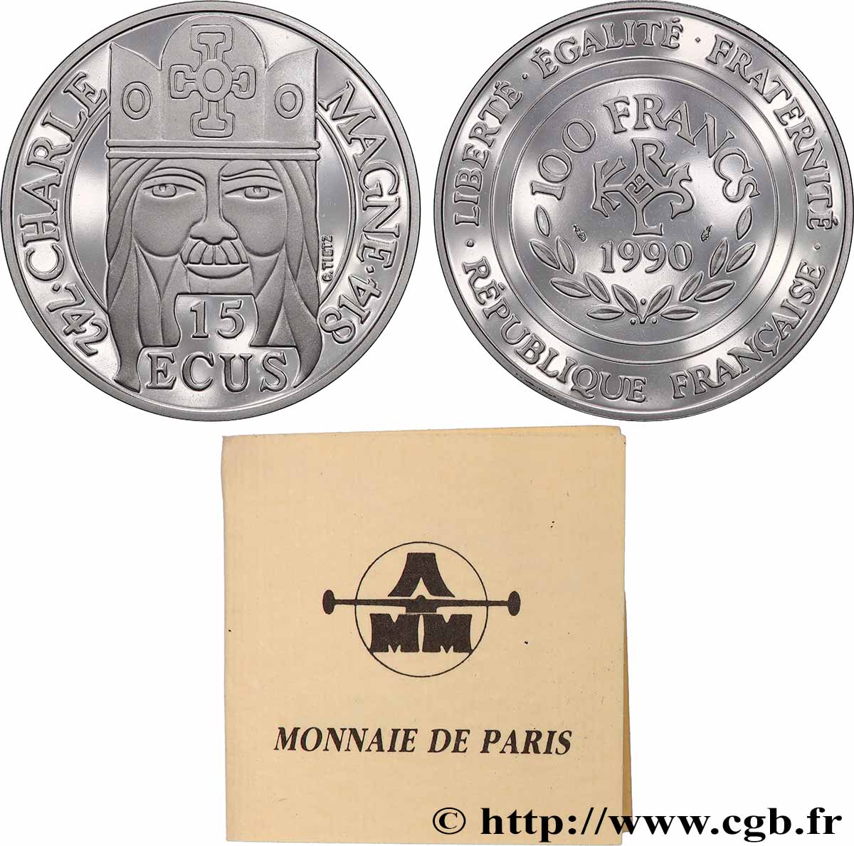 Belle Épreuve 15 écus / 100 francs Charlemagne 1990 Paris F5.2000 1 MS 