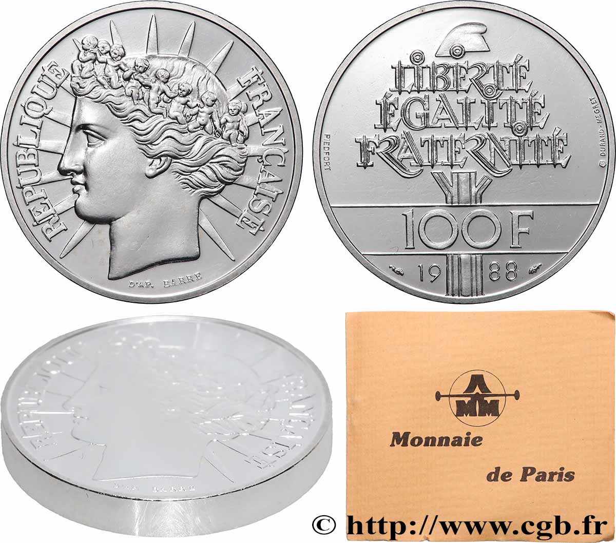 Piéfort Brillant Universel de 100 francs Fraternité 1988 Pessac F.456/2P FDC 
