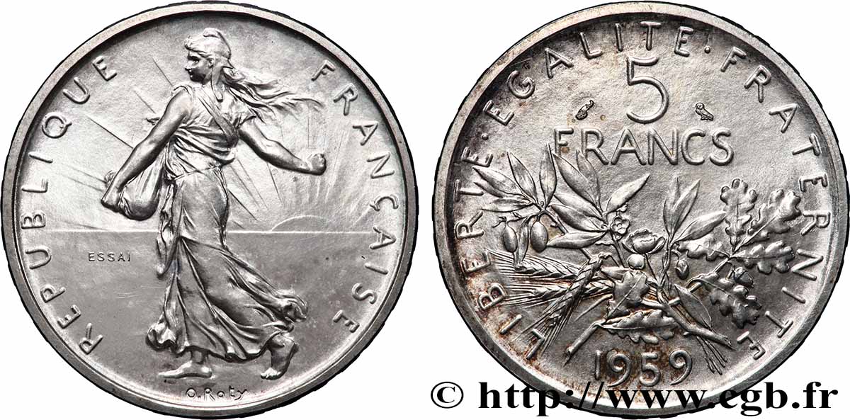 Essai de 5 francs Semeuse, argent, grand 5 1959 Paris F.340/1 SPL 