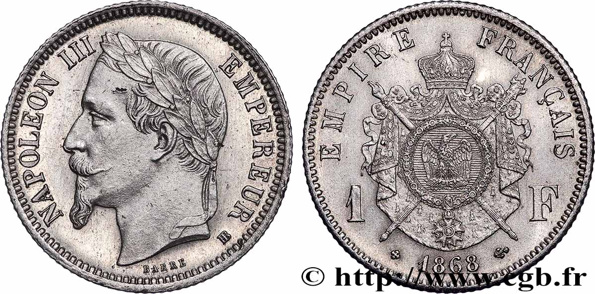 1 franc Napoléon III, tête laurée 1868 Strasbourg F.215/11 SUP 
