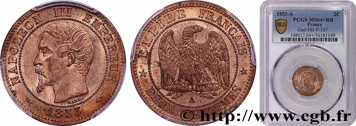 Deux centimes Napoléon III, tête nue 1853 Paris F.107/1 SPL64 PCGS