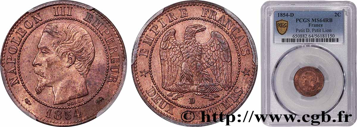 Deux centimes Napoléon III, tête nue 1854 Lyon F.107/15 SPL64 PCGS