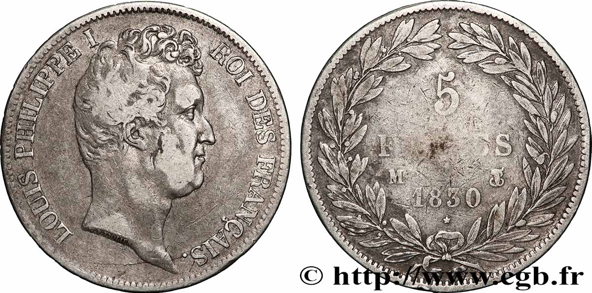 5 francs type Tiolier avec le I, tranche en creux 1830 Toulouse F.315/9 TB 
