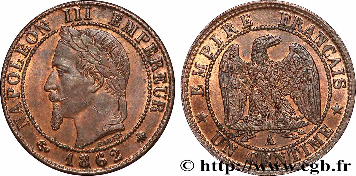 Un centime Napoléon III, tête laurée 1862 Paris F.103/4 SPL62 