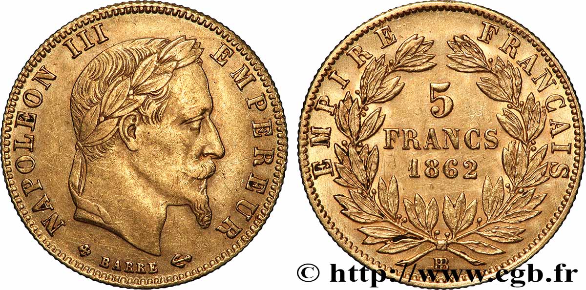 5 francs or Napoléon III, tête laurée 1862 Strasbourg F.502/2 TTB 