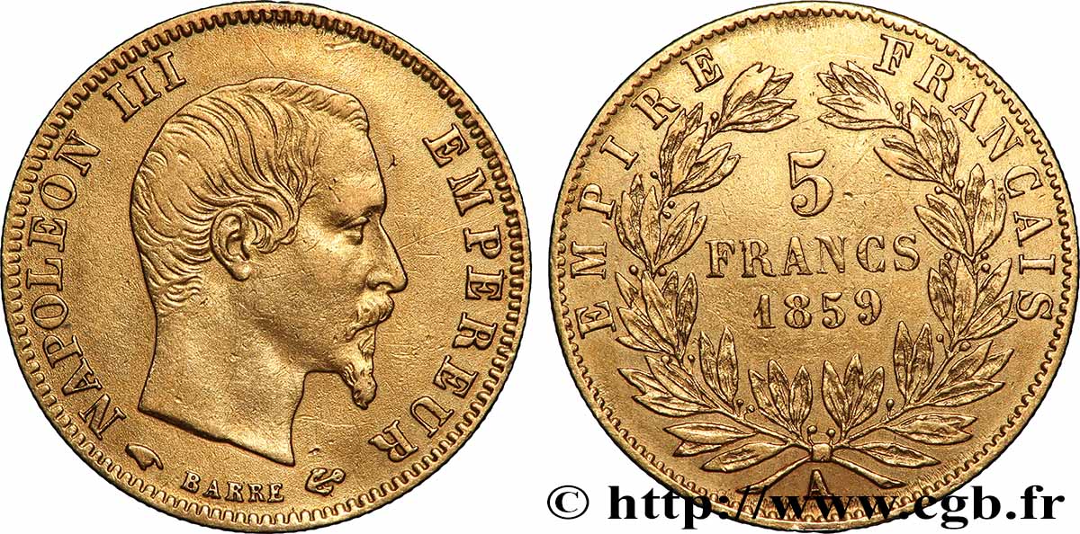 5 francs or Napoléon III, tête nue, grand module 1859 Paris F.501/7 TTB 