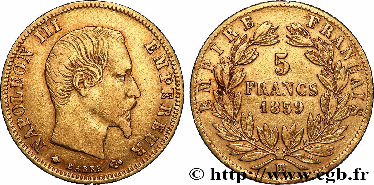 5 francs or Napoléon III, tête nue, grand module 1859 Strasbourg F.501/8 TB+ 