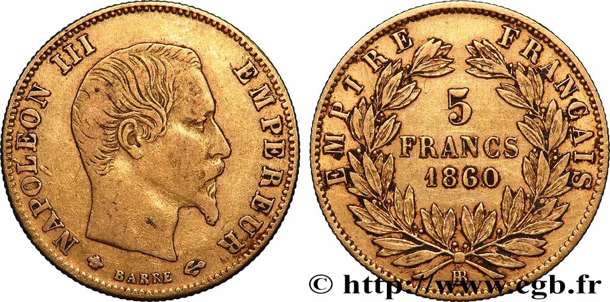 5 francs or Napoléon III tête nue, grand module 1860 Strasbourg F.501/13 TB 
