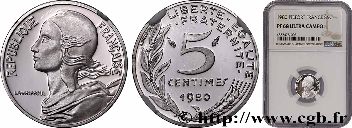 Piéfort argent de 5 centimes Marianne 1980 Paris GEM.22 P2 MS68 NGC