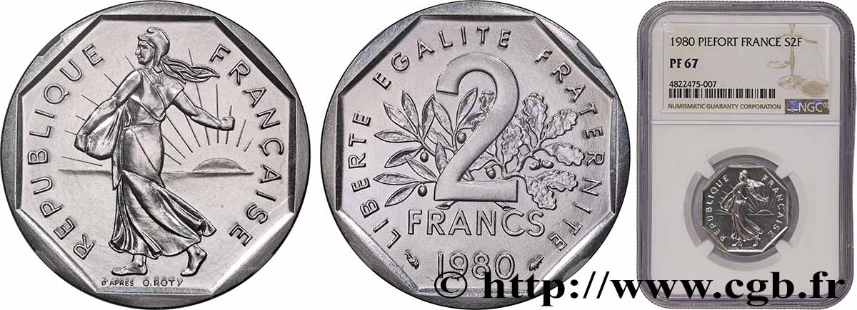 Piéfort Argent de 2 francs Semeuse 1980 Pessac GEM.123 P2 ST67 NGC
