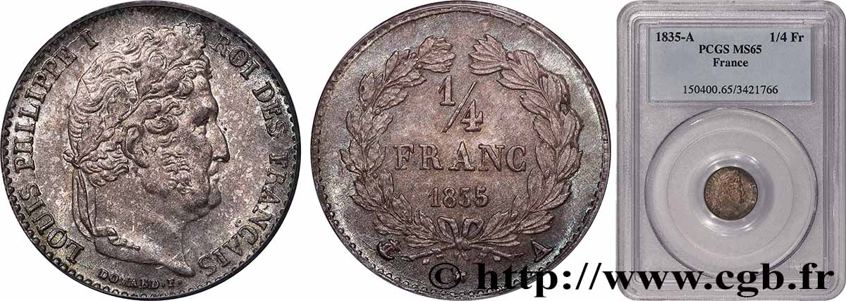 1/4 franc Louis-Philippe 1835 Paris F.166/49 FDC65 PCGS