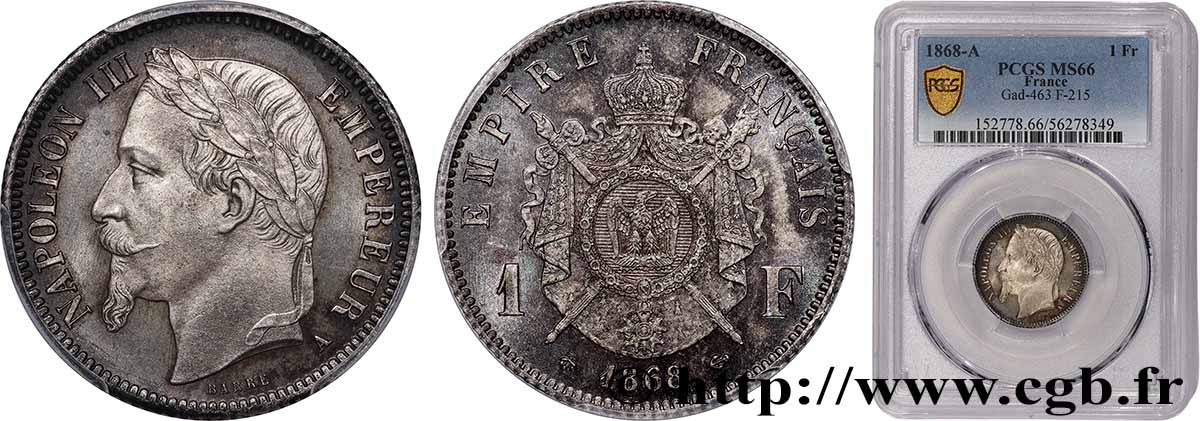 1 franc Napoléon III, tête laurée 1868 Paris F.215/10 FDC66 PCGS