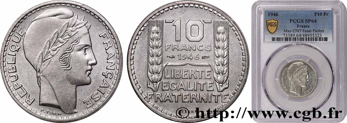 Essai-piéfort de 10 francs Turin, grosse tête, rameaux longs 1946 Paris GEM.180 EP SPL64 PCGS