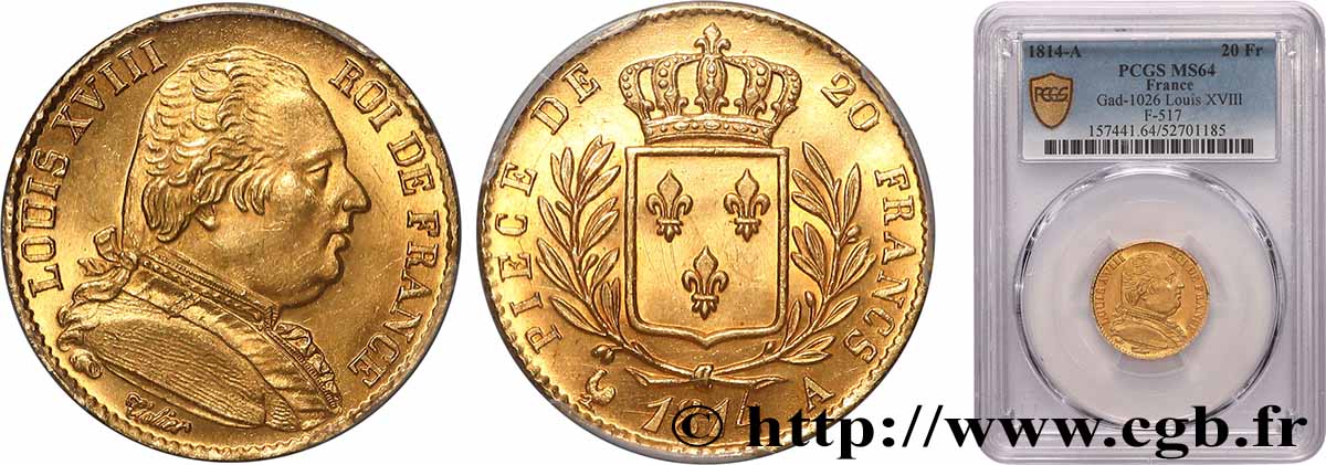 20 francs or Louis XVIII, buste habillé 1814 Paris F.517/1 SPL64 PCGS