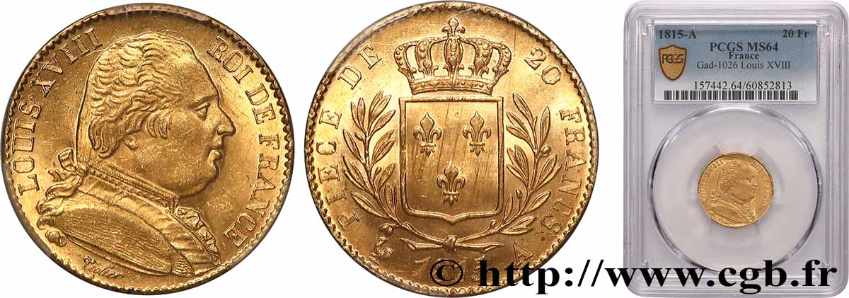 20 francs or Louis XVIII, buste habillé 1815 Paris F.517/10 SPL64 PCGS