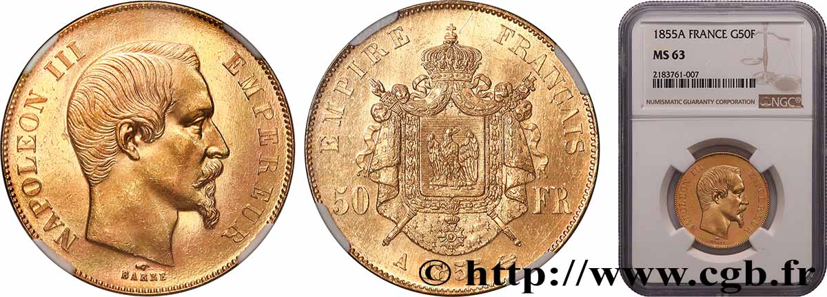 50 francs or Napoléon III, tête nue 1855 Paris F.547/1 SPL63 NGC