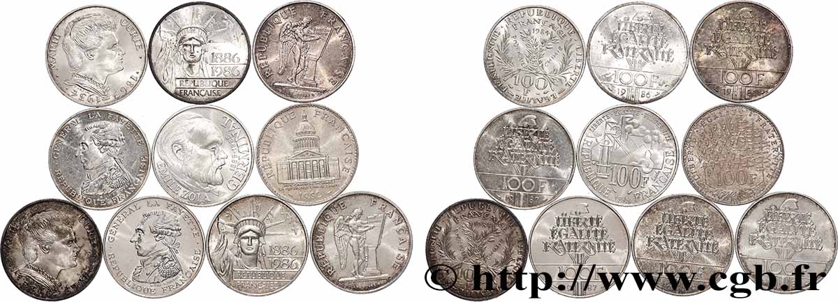 Lot de 10 pièces de 100 francs commémoratives - - F.-/ TTB 