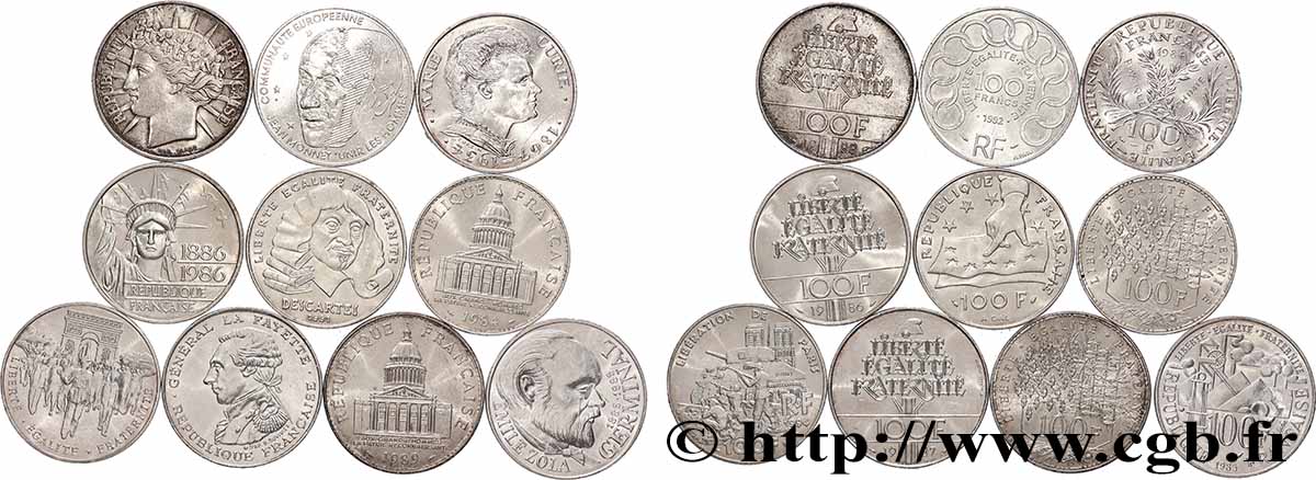 Lot de 10 pièces de 100 francs commémoratives - - F.-/ XF 