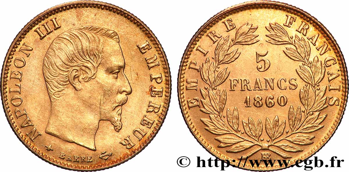 5 francs or Napoléon III, tête nue, grand module, en 60/50, 1860 Strasbourg F.501/12 SUP 