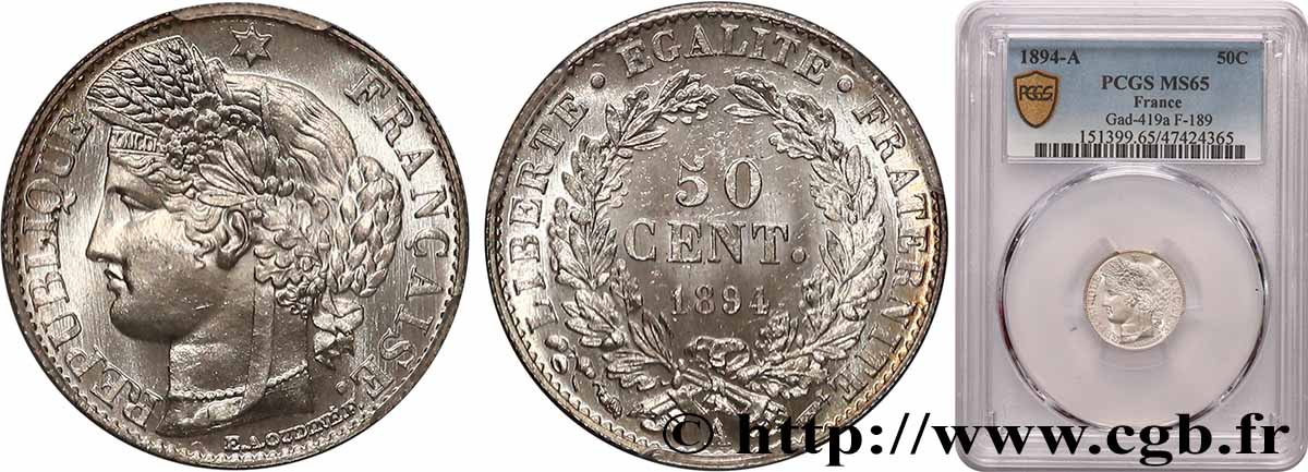 50 centimes Cérès, Troisième République 1894 Paris F.189/15 FDC65 PCGS