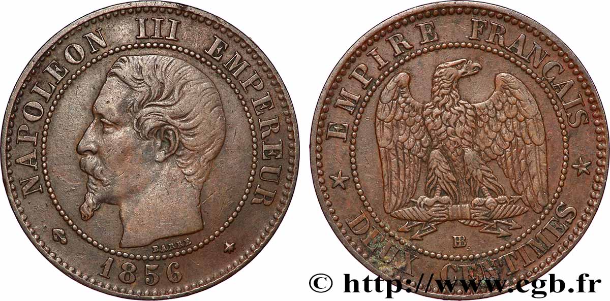 Deux centimes Napoléon III, tête nue 1856 Strasbourg F.107/40 TB+ 