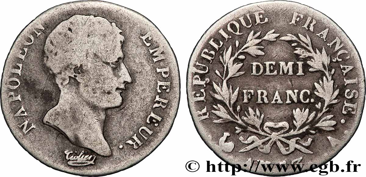 Demi-franc Napoléon Empereur, Calendrier révolutionnaire 1805 Paris F.174/10 q.MB 