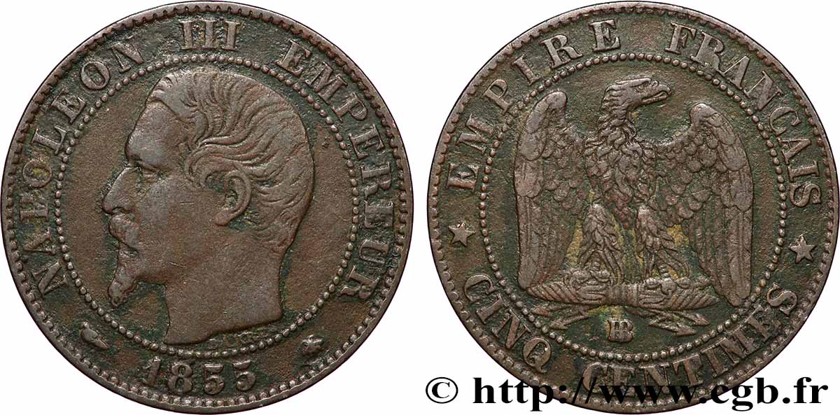 Cinq centimes Napoléon III, tête nue 1855 Strasbourg F.116/20 MB 