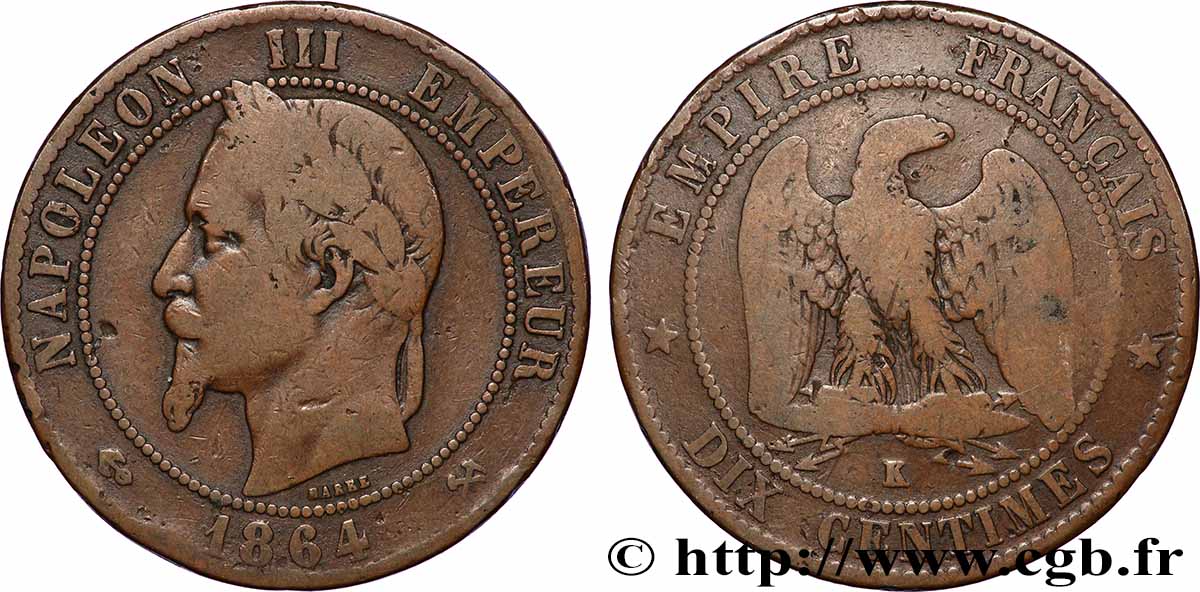 Dix centimes Napoléon III, tête laurée 1864 Bordeaux F.134/15 VG 