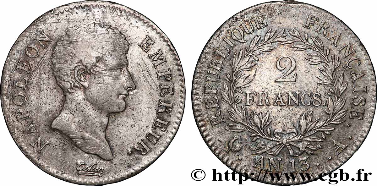 2 francs Napoléon Empereur, Calendrier révolutionnaire 1805 Paris F.251/12 VF 
