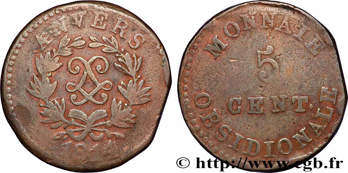 5 cent. Anvers au double L, frappe de l’arsenal de la marine 1814  Anvers F.115E/1 B+ 
